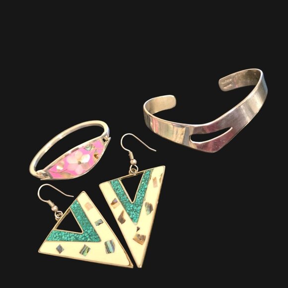 Vtg Alpaca Mexico German silver lot pink inlay MCM Bracelet & Geometric earrings - Picture 3 of 14
